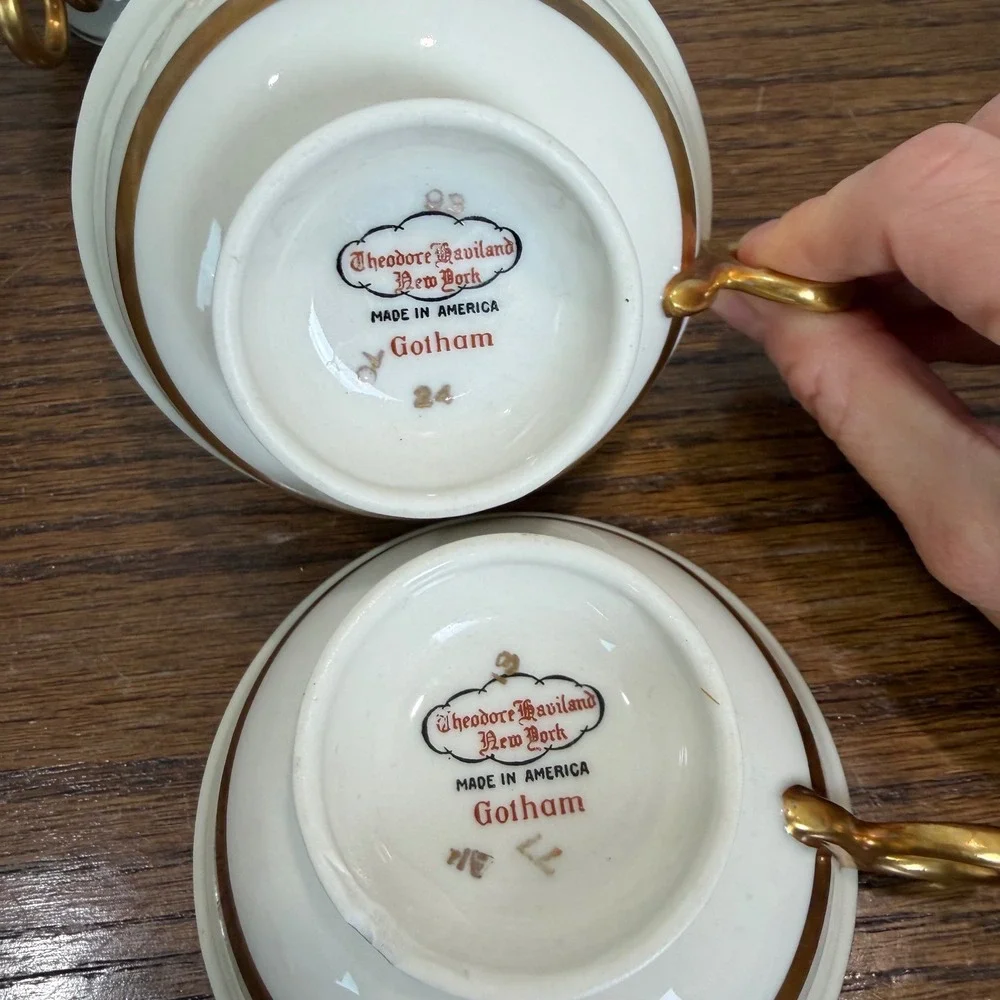 Theodore Haviland New York Gotham Teacups Set of 6 Gold Trim‎ Vintage Porcelain